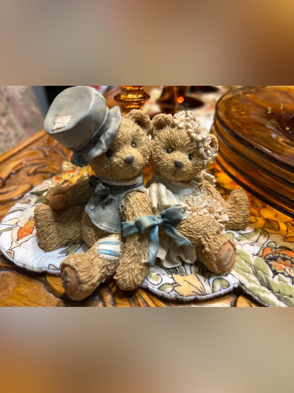 1992 Robbie & Rachel Bears Couple Figurine Wedding Decor in Tan and Blue